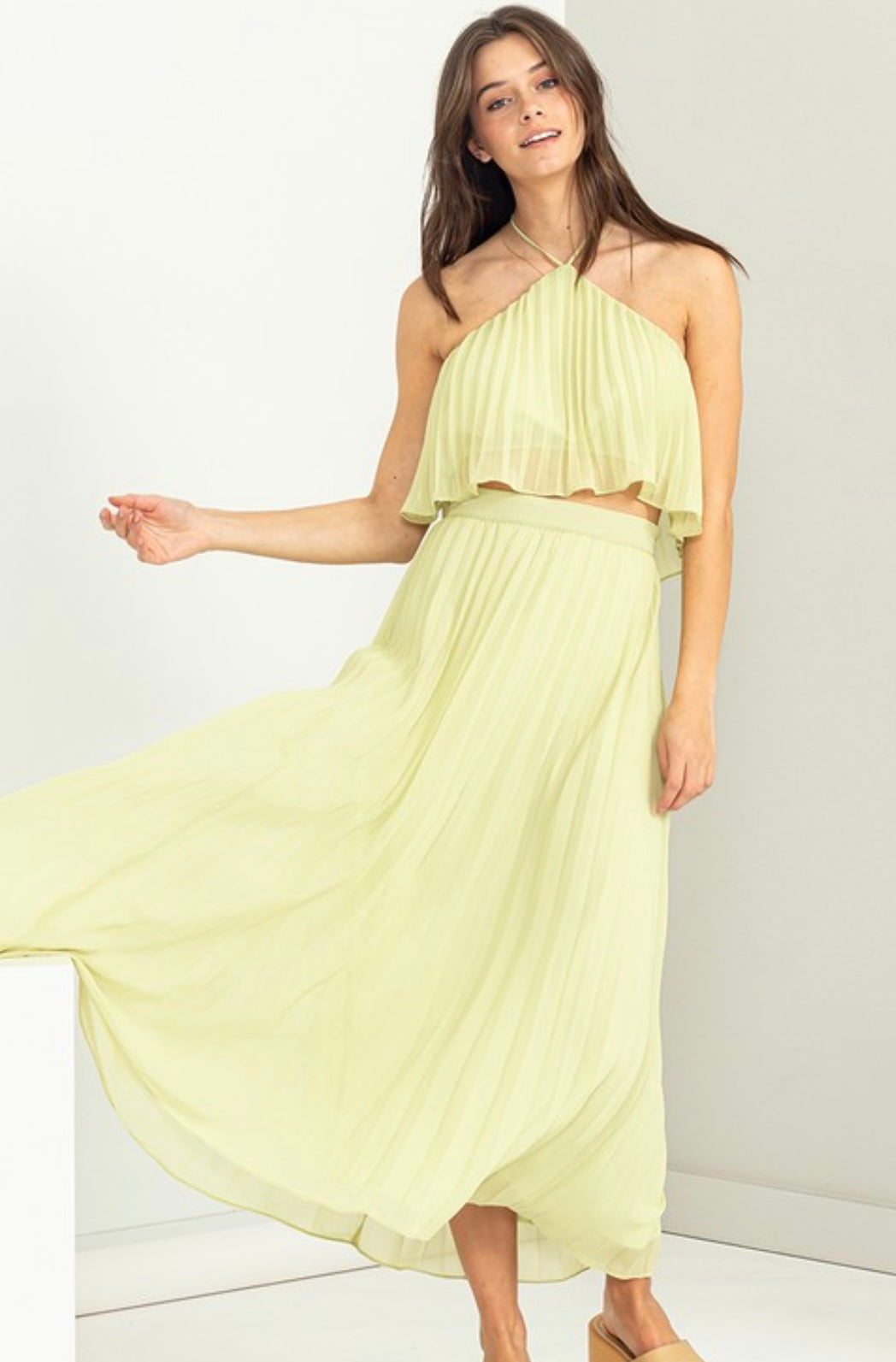 Pleated Two Piece Set- Lime