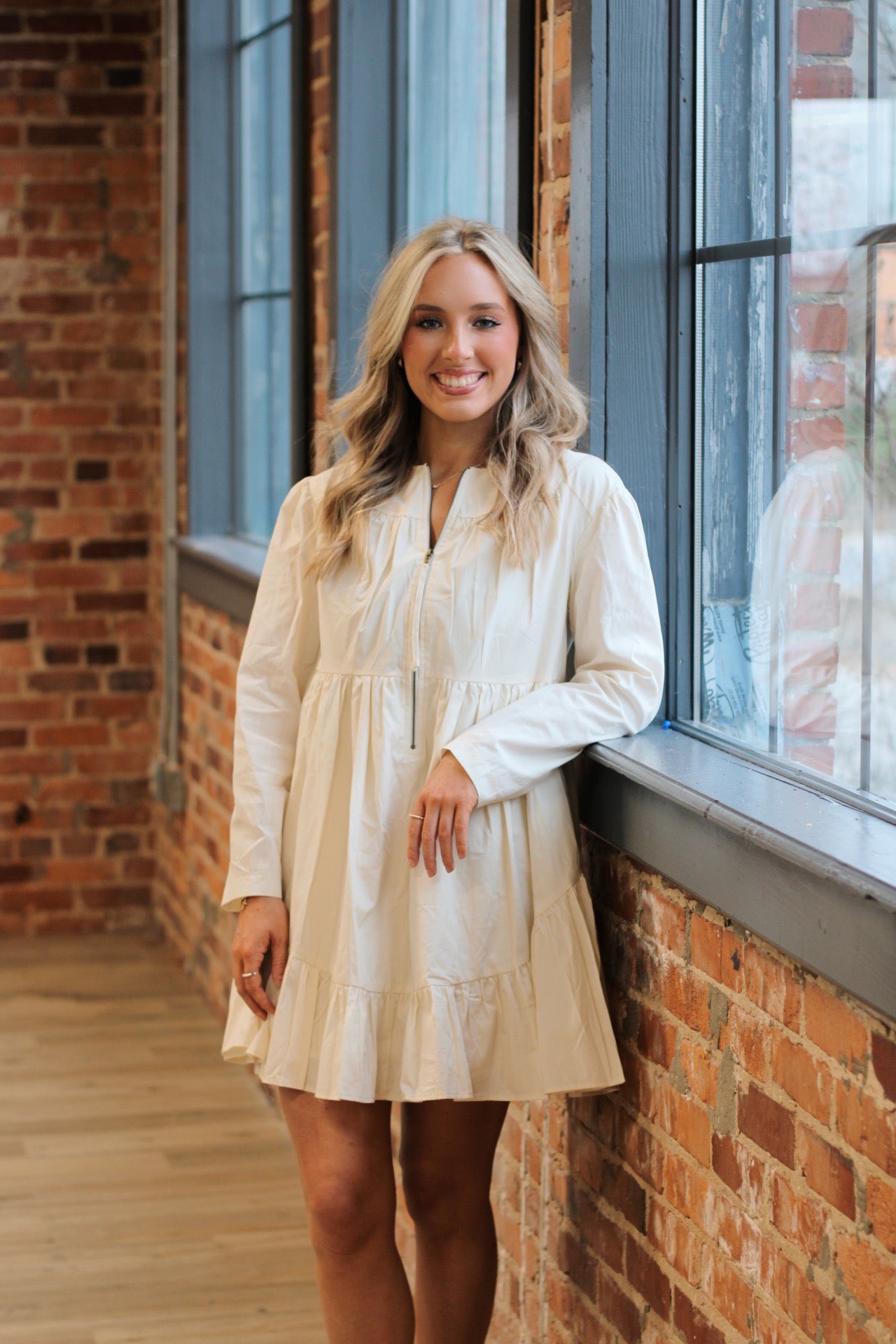 cream dress with boots Women's Buckle Tiered Mini Dress