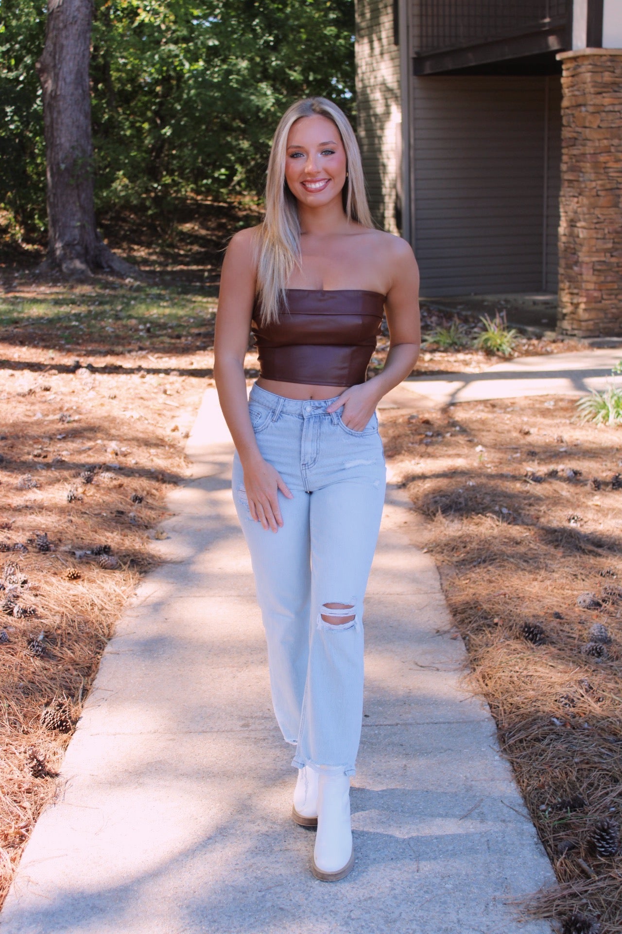 Faux Leather Crop- Brown