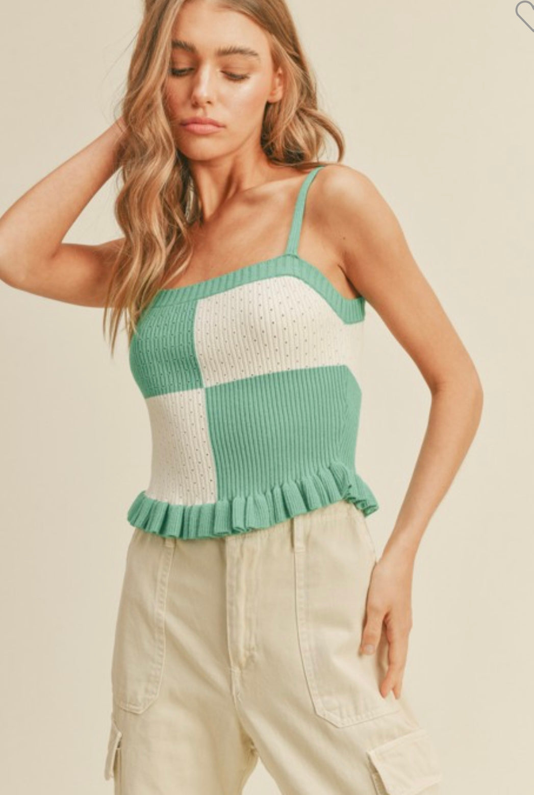 Knit Color Block Top- Green/Cream
