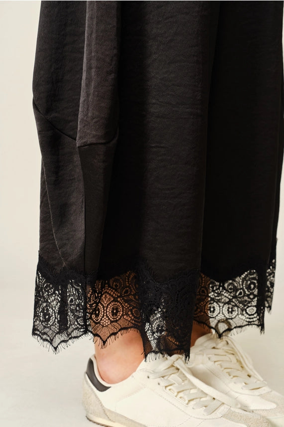 Lace Trim Satin Drawstring Barrel Pants- Black