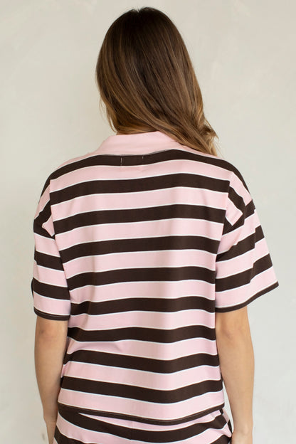 Sheila Mock Neck Tee- Pink/Brown