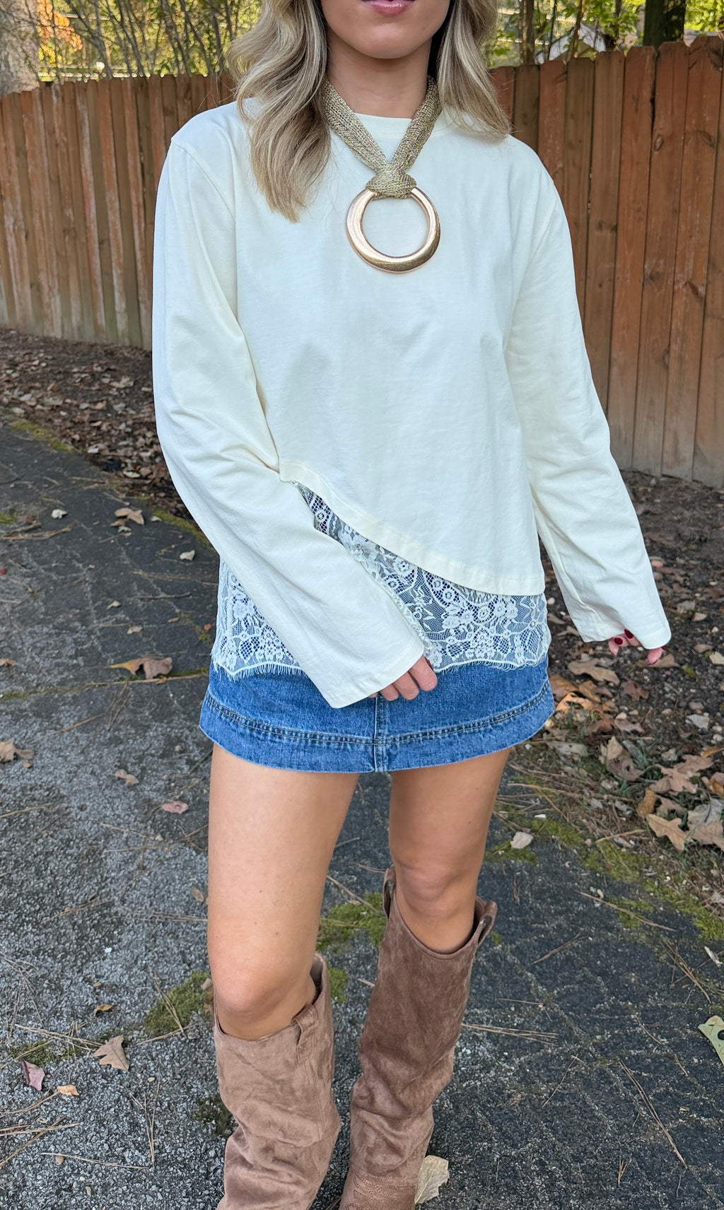 Charlie Asymmetric Lace Trim Top- Cream