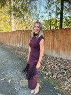 Fringe Faux Wrap Dress- Burgundy