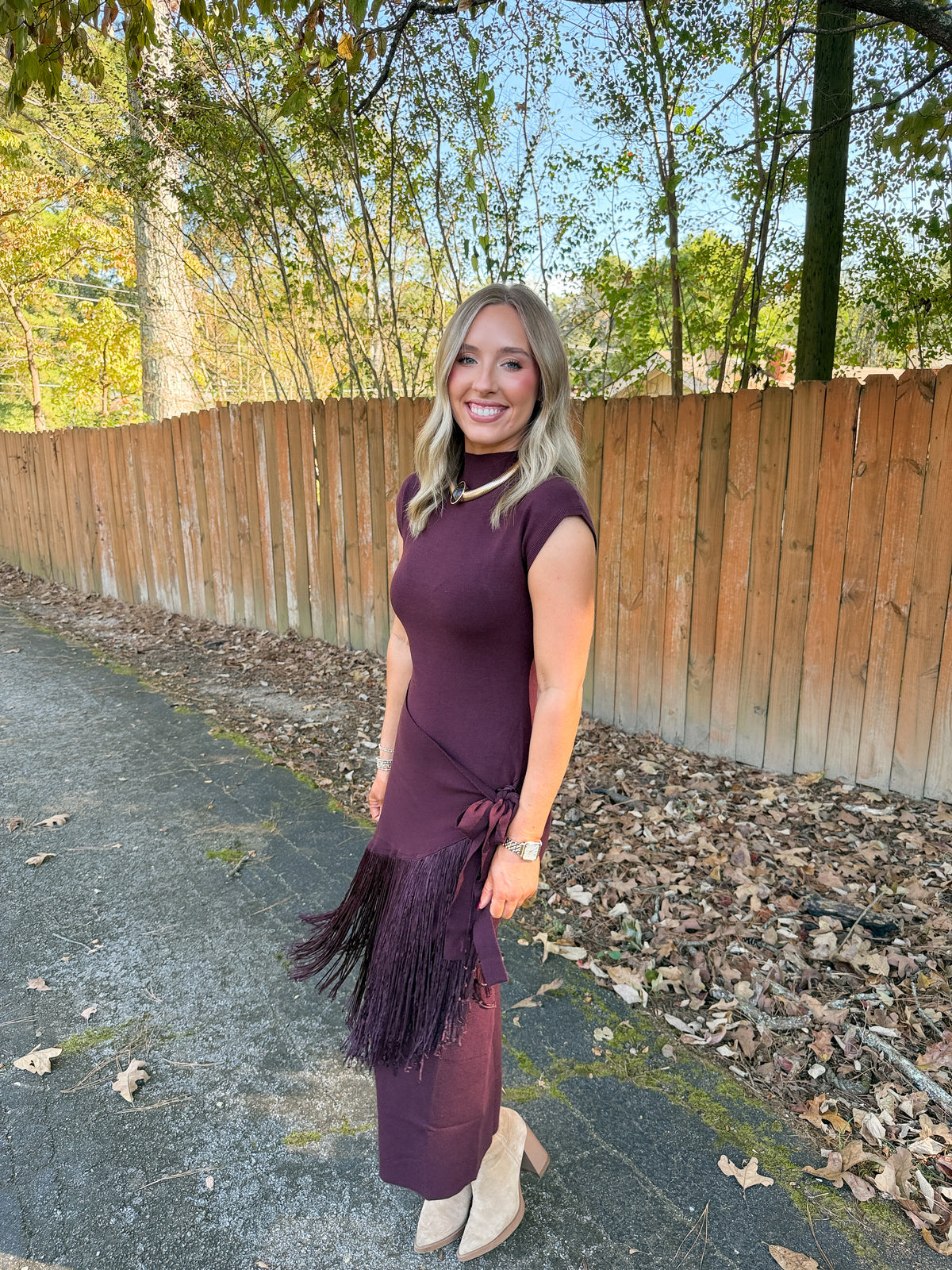 Fringe Faux Wrap Dress- Burgundy