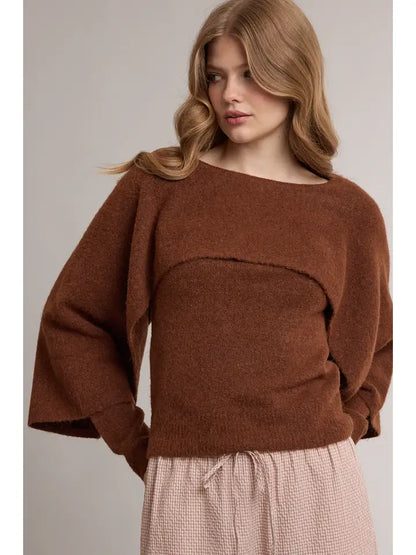 Layered Cape Sweater Top- Chocolate