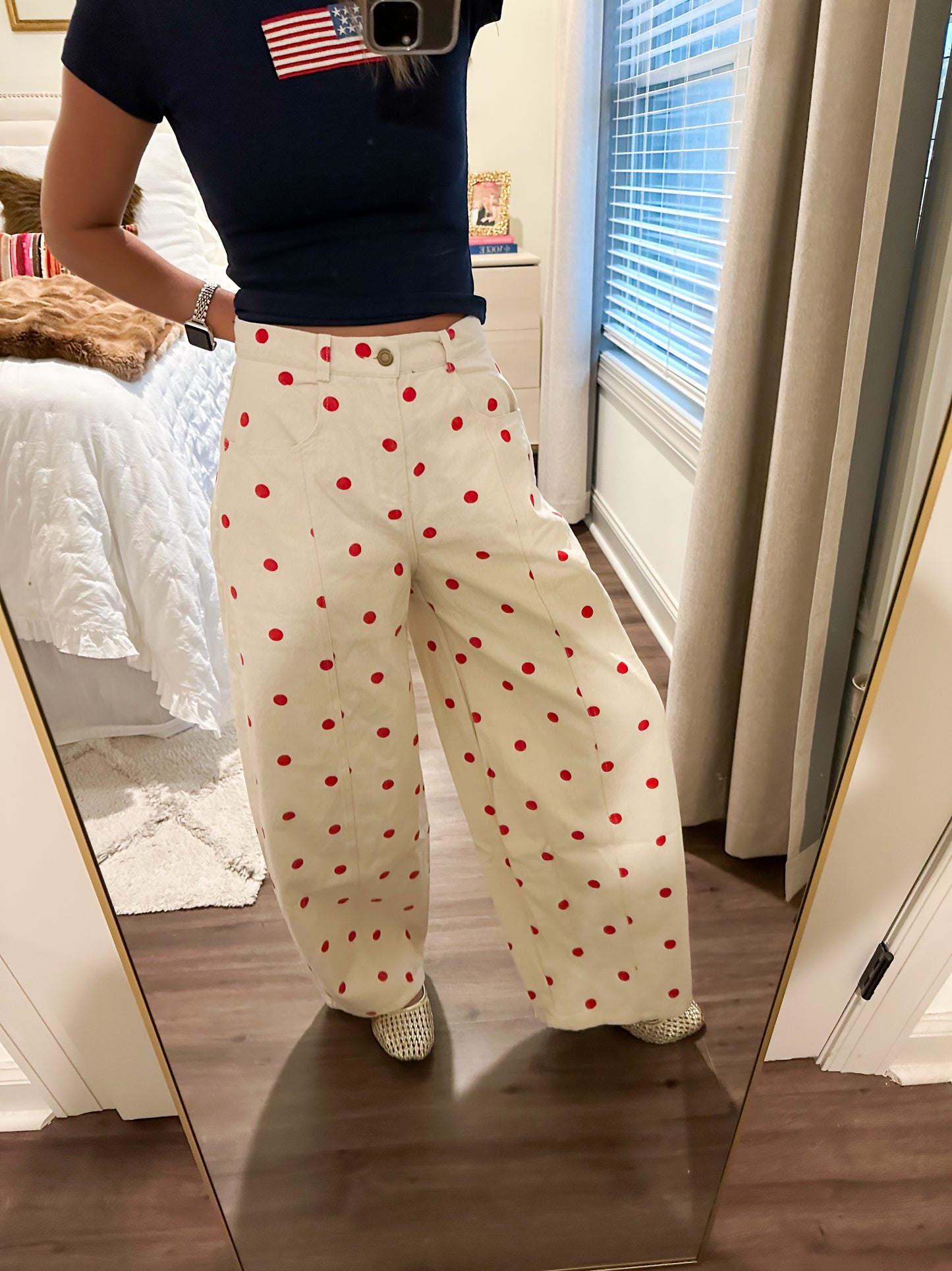 Polka Dot Denim Pants- Red
