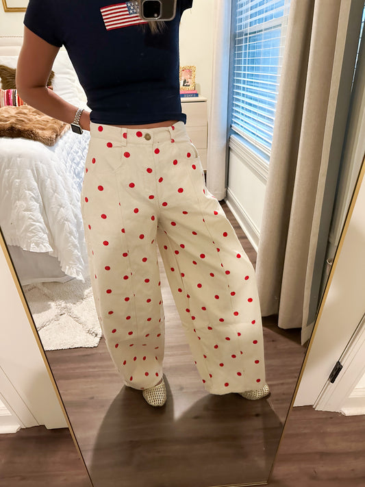 Polka Dot Denim Pants- Red