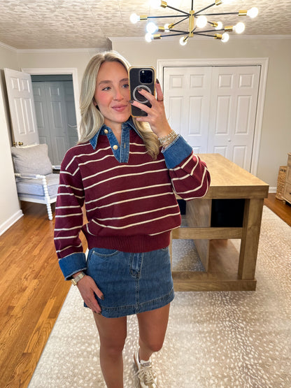 Sofia Stripe Collared Sweater- Burgundy