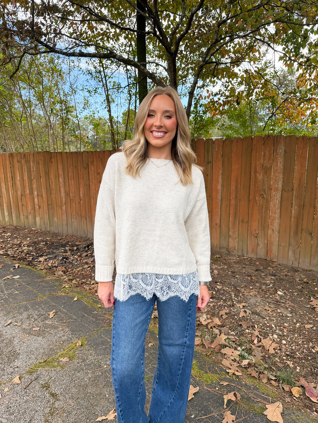 Crew Neck Lace Hem Sweater- Cream