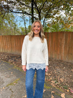 Crew Neck Lace Hem Sweater- Cream
