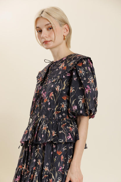 Camille Floral Top- Navy