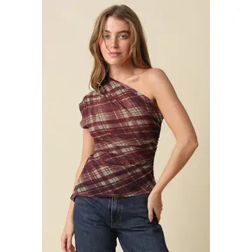 Janie Plaid Mesh Top- Brown