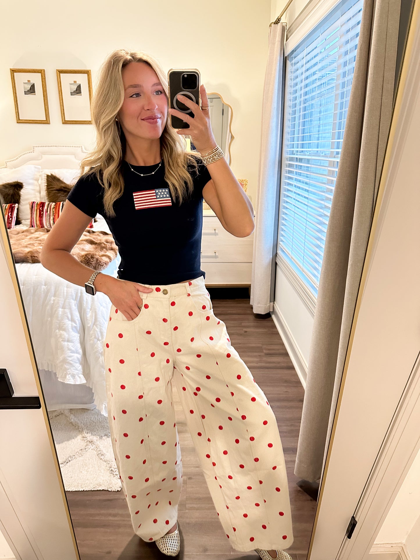 Polka Dot Denim Pants- Red
