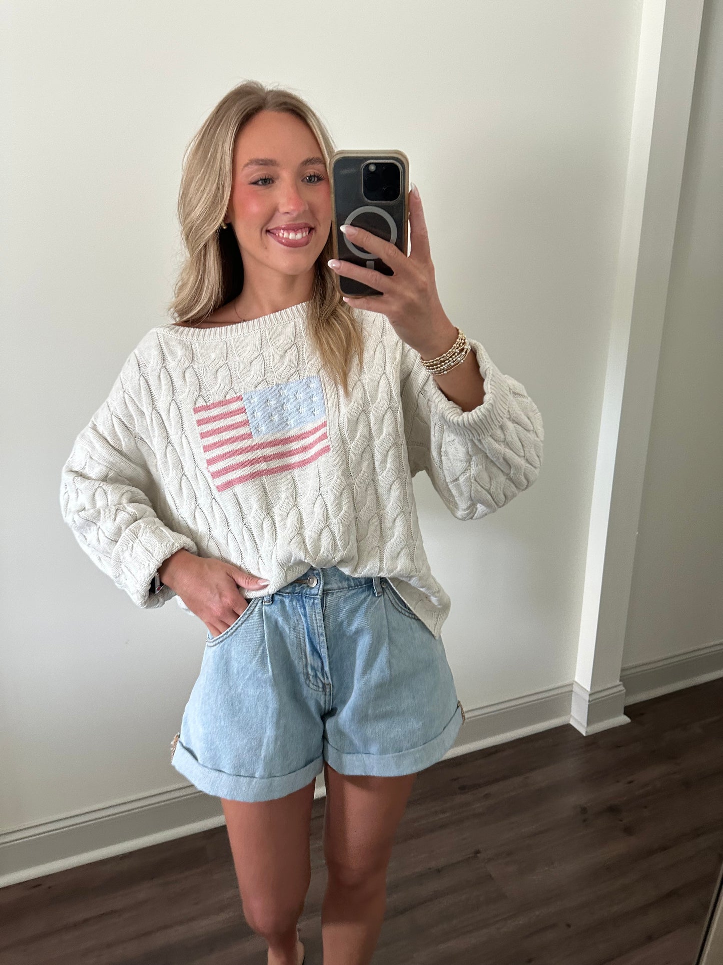 Boat Neck American Flag Sweater- Cream