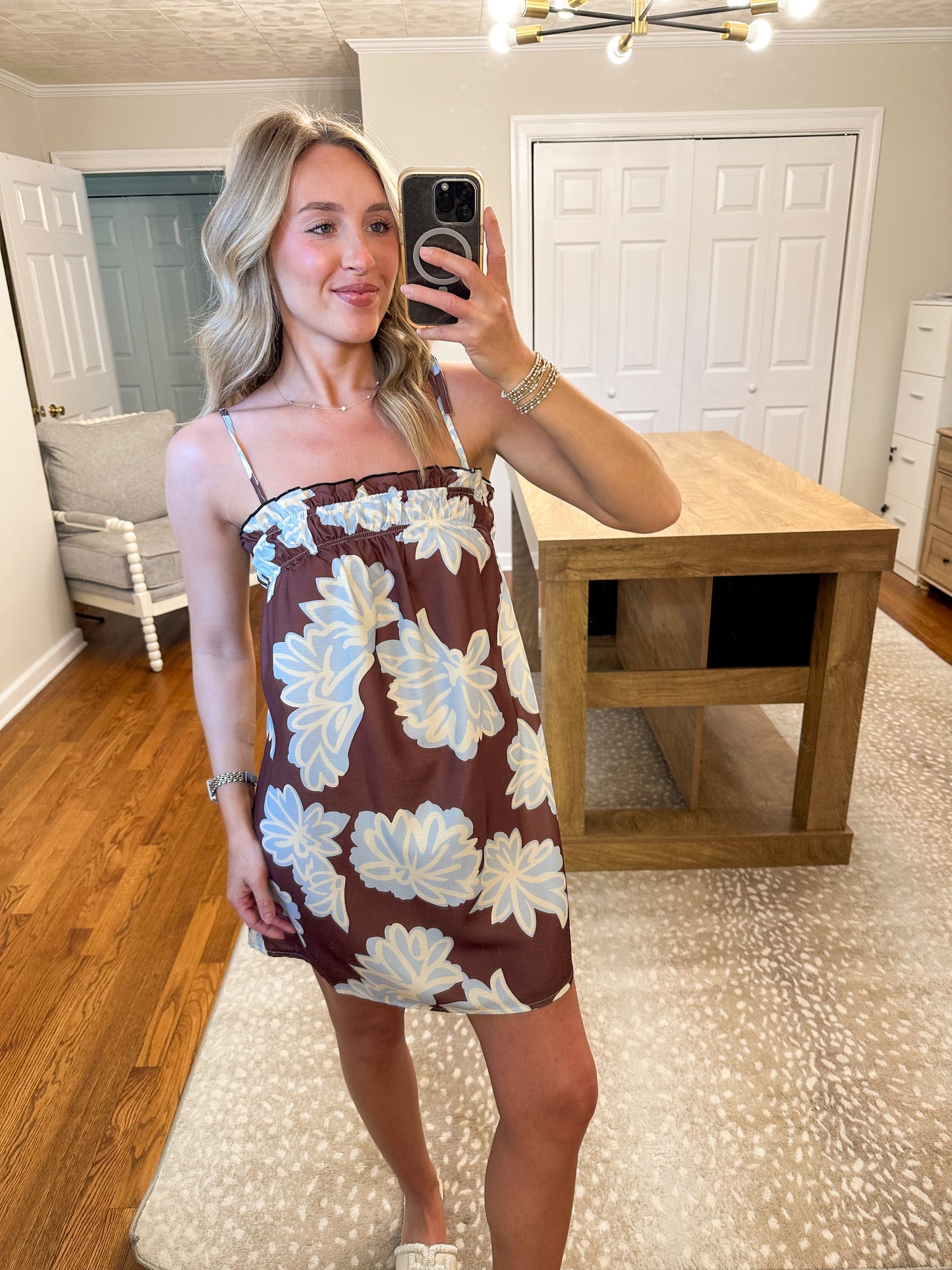 Palma Floral Mini Dress- Brown/Blue