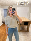 Collared Short Sleeve Knitted Top- Cement