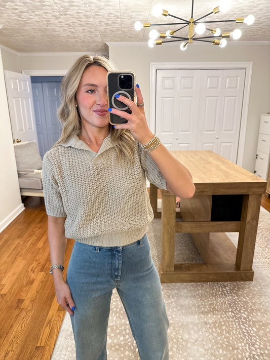 Collared Short Sleeve Knitted Top- Cement