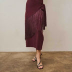 Fringe Faux Wrap Dress- Burgundy