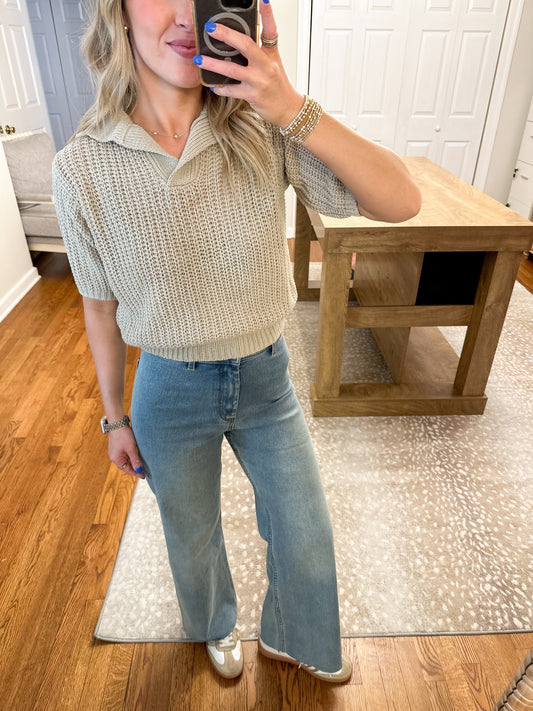 Collared Short Sleeve Knitted Top- Cement