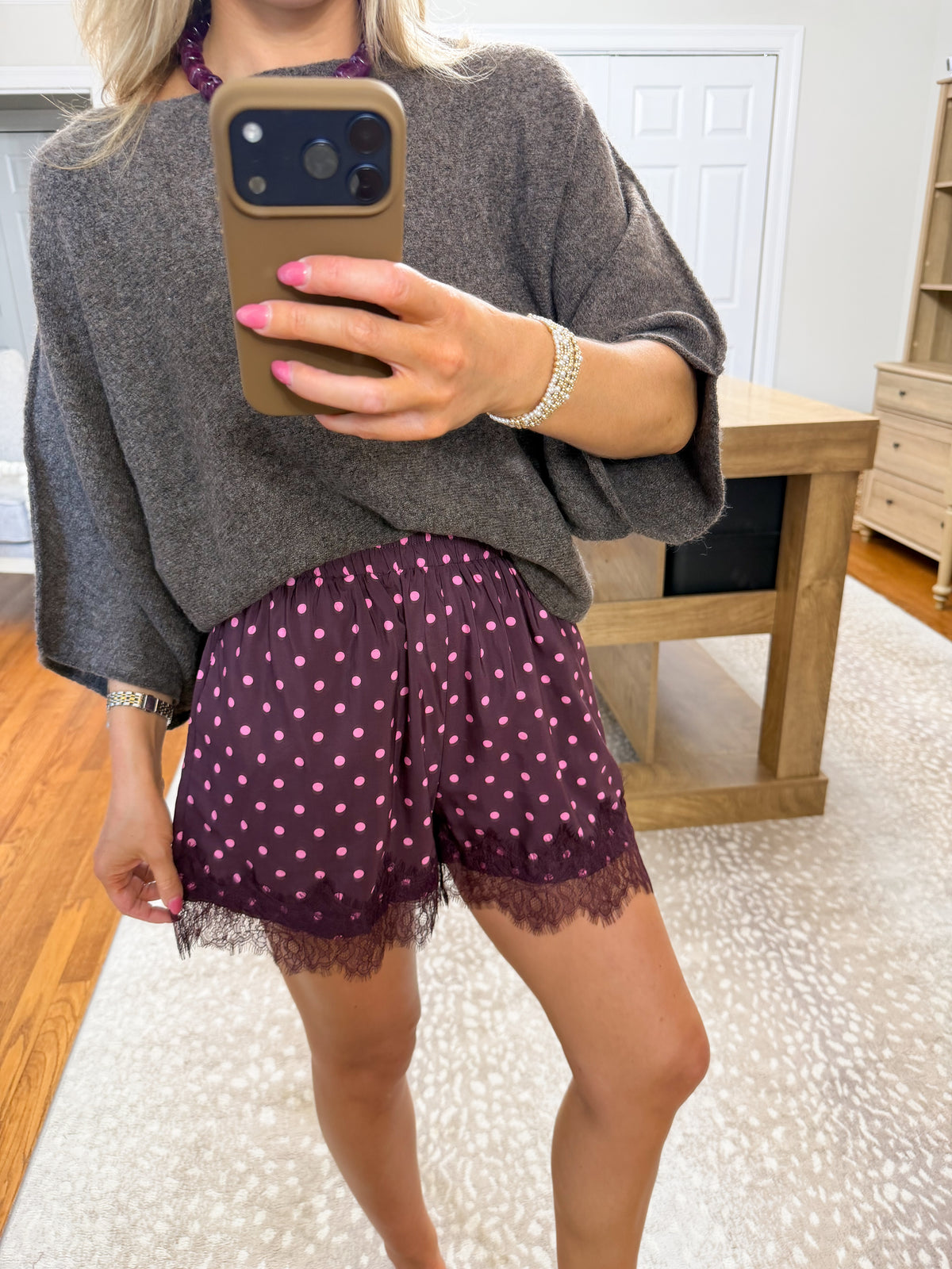 Lace Trim Polka Dot Shorts- Plum