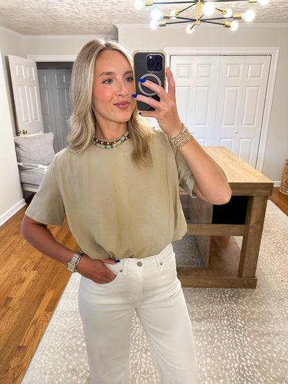 Cropped Bubble Hem T-Shirt- Taupe