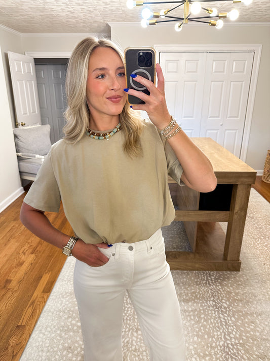 Cropped Bubble Hem T-Shirt- Taupe