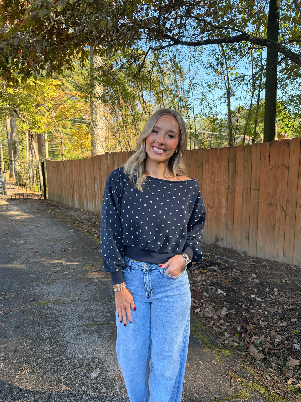 Lucille Polka Dot Off Shoulder Sweatshirt- Navy