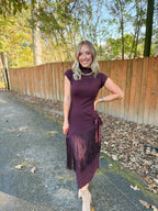 Fringe Faux Wrap Dress- Burgundy