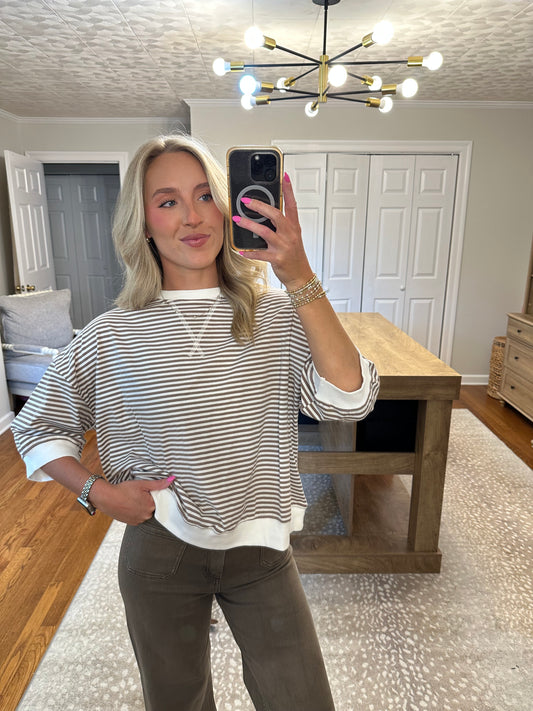 Rib Banded Short Sleeve Stripe Pullover- Mocha