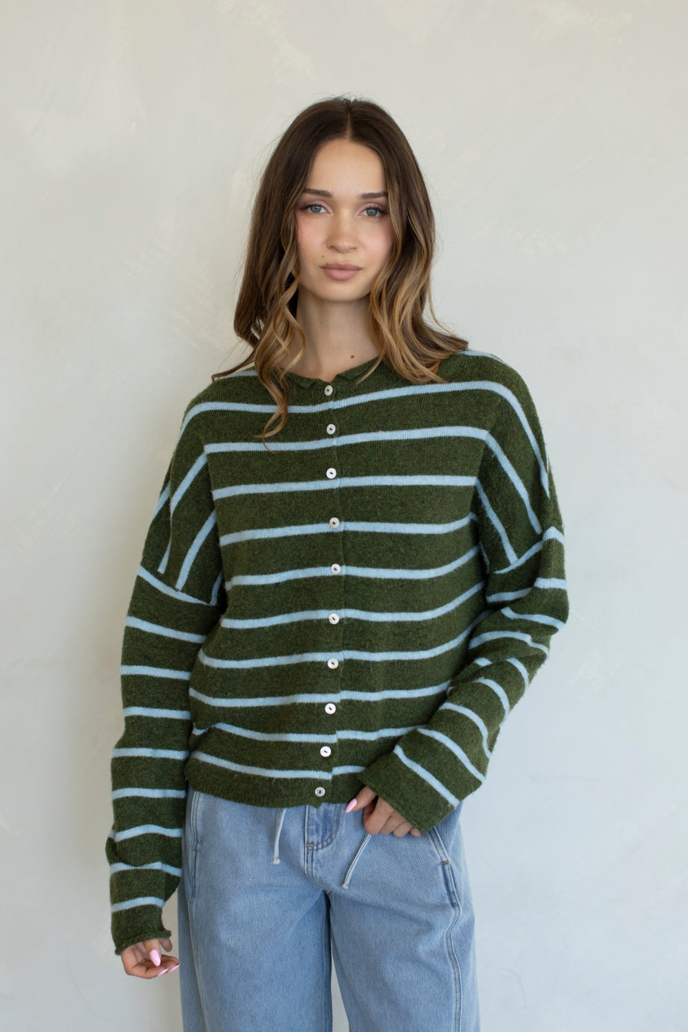 Piper Cardigan Cabana Striped- Olive/Blue