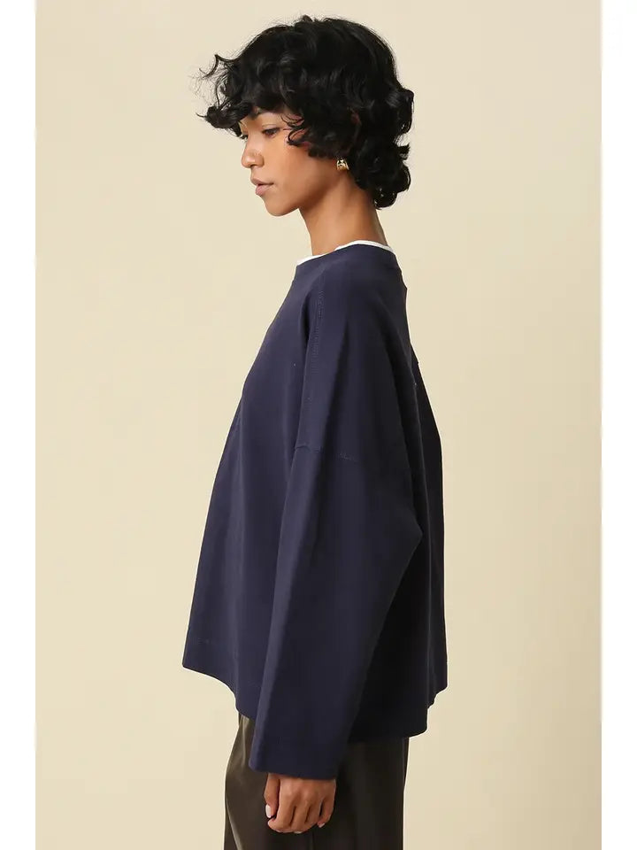 Jamie Contrast Layered Knit Tee- Navy