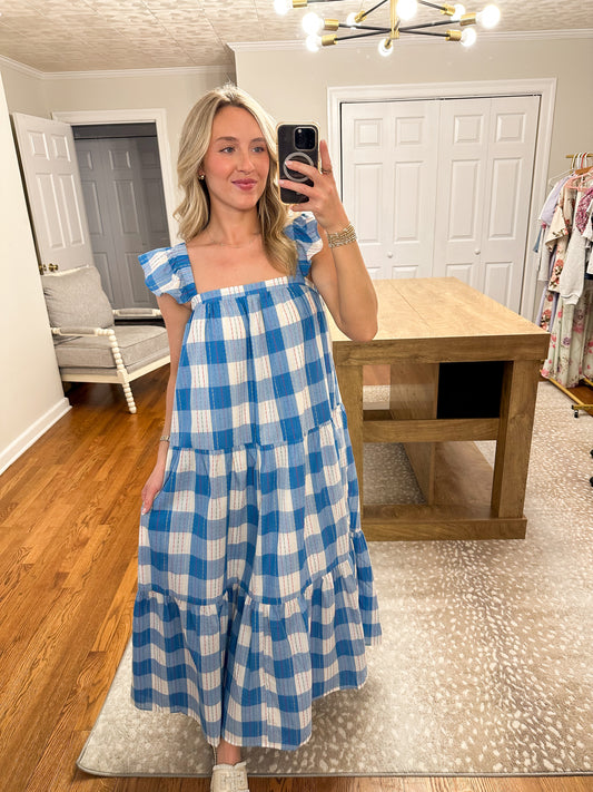 Checkered Babydoll Maxi Dress- Blue