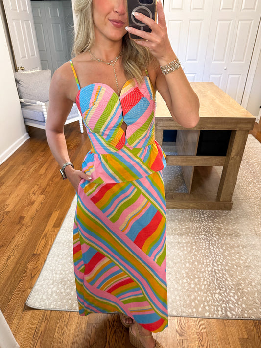 Geometric Print Maxi Skirt Set- Multi
