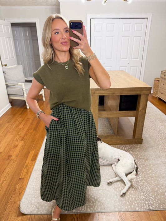 Hollin Gingham Midi Dress- Olive