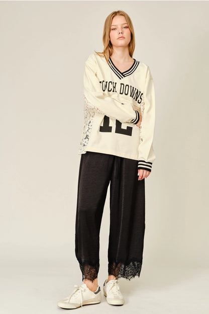Lace Trim Satin Drawstring Barrel Pants- Black