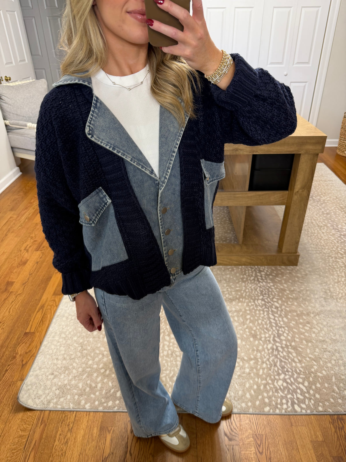 Cable Knit Denim Trim Jacket- Navy