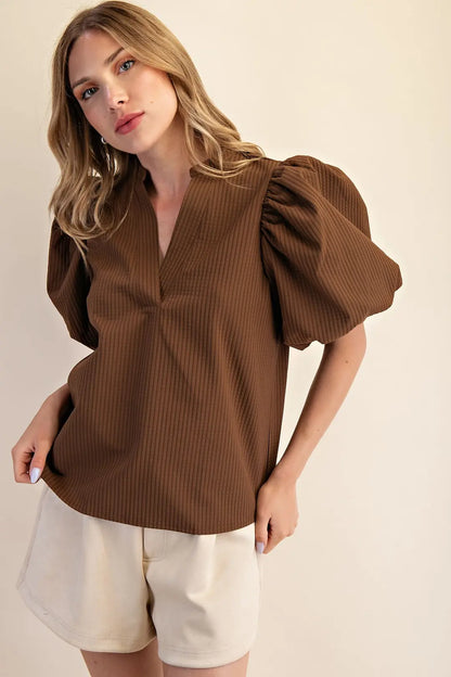 Goldie Puff Sleeve Top- Brown