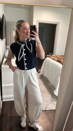 Tie Neck Sweater- Navy/White