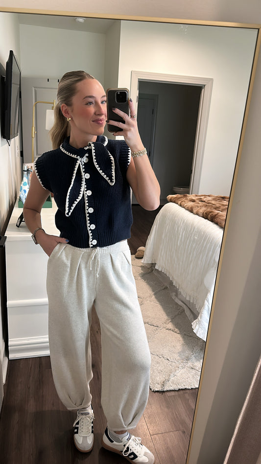 Tie Neck Sweater- Navy/White