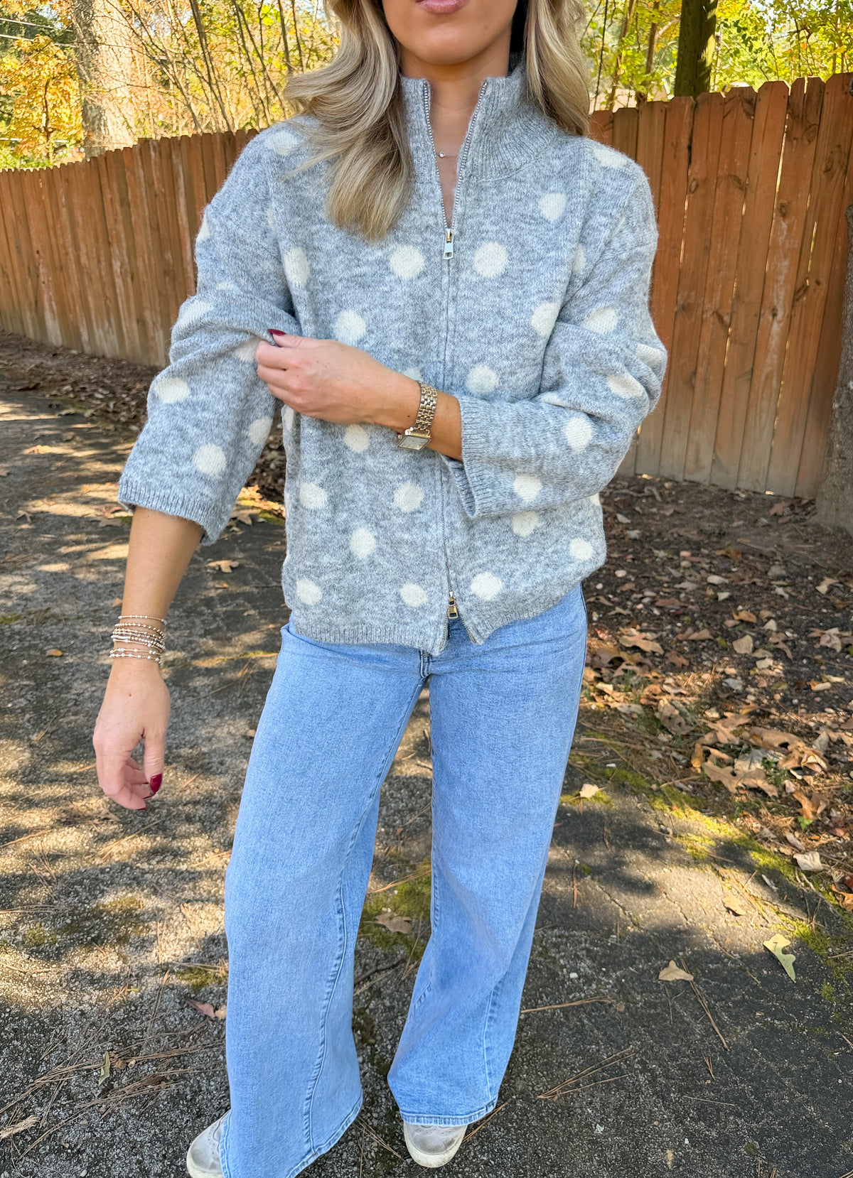 Hayden Polka Dot Zipper Jacket- Grey/Cream