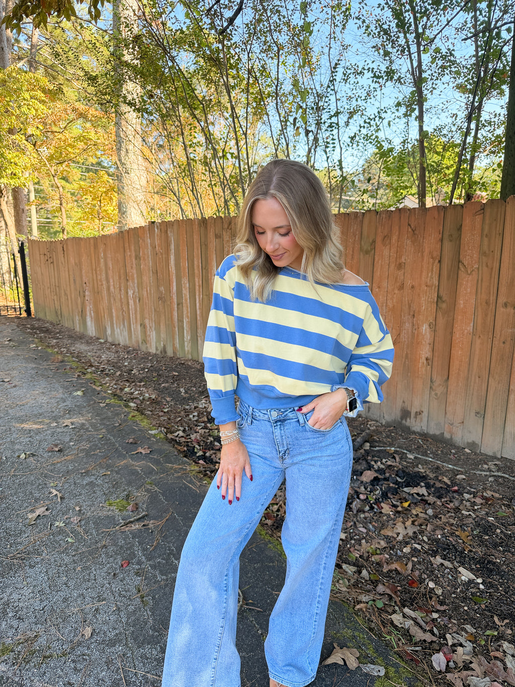 Lily Striped Off Shoulder Sweatshirt- Blue/Yellow