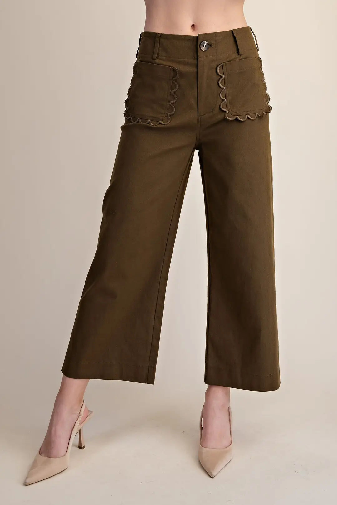Colette Cropped Scallop Pocket Pants- Olive