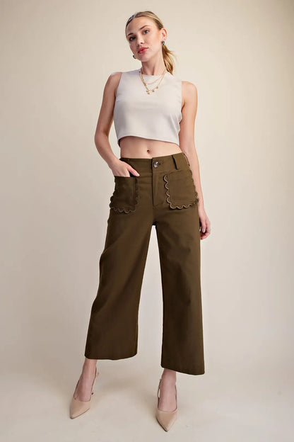 Colette Cropped Scallop Pocket Pants- Olive
