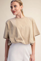 Cropped Bubble Hem T-Shirt- Taupe