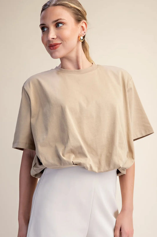 Cropped Bubble Hem T-Shirt- Taupe