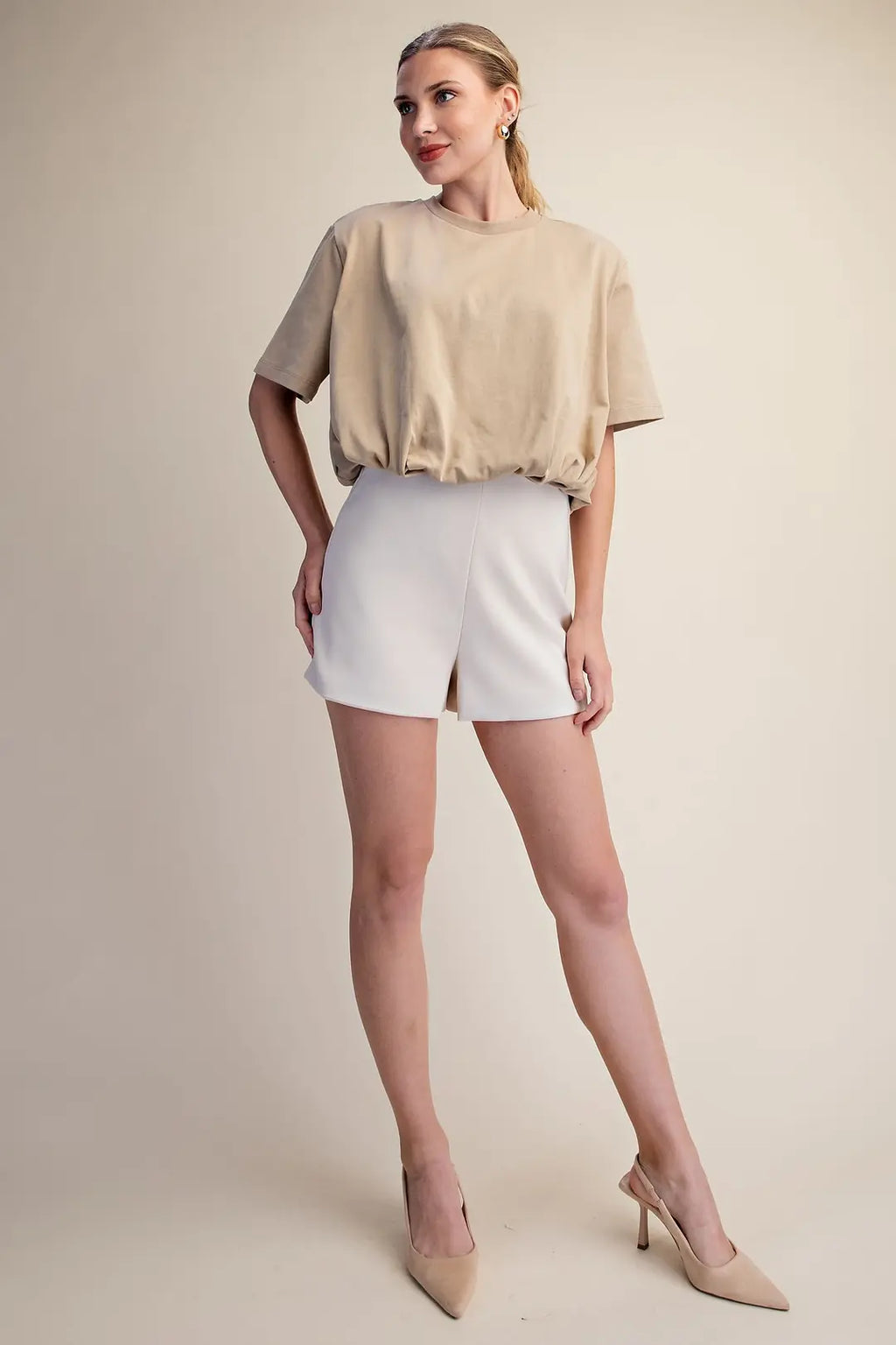 Cropped Bubble Hem T-Shirt- Taupe