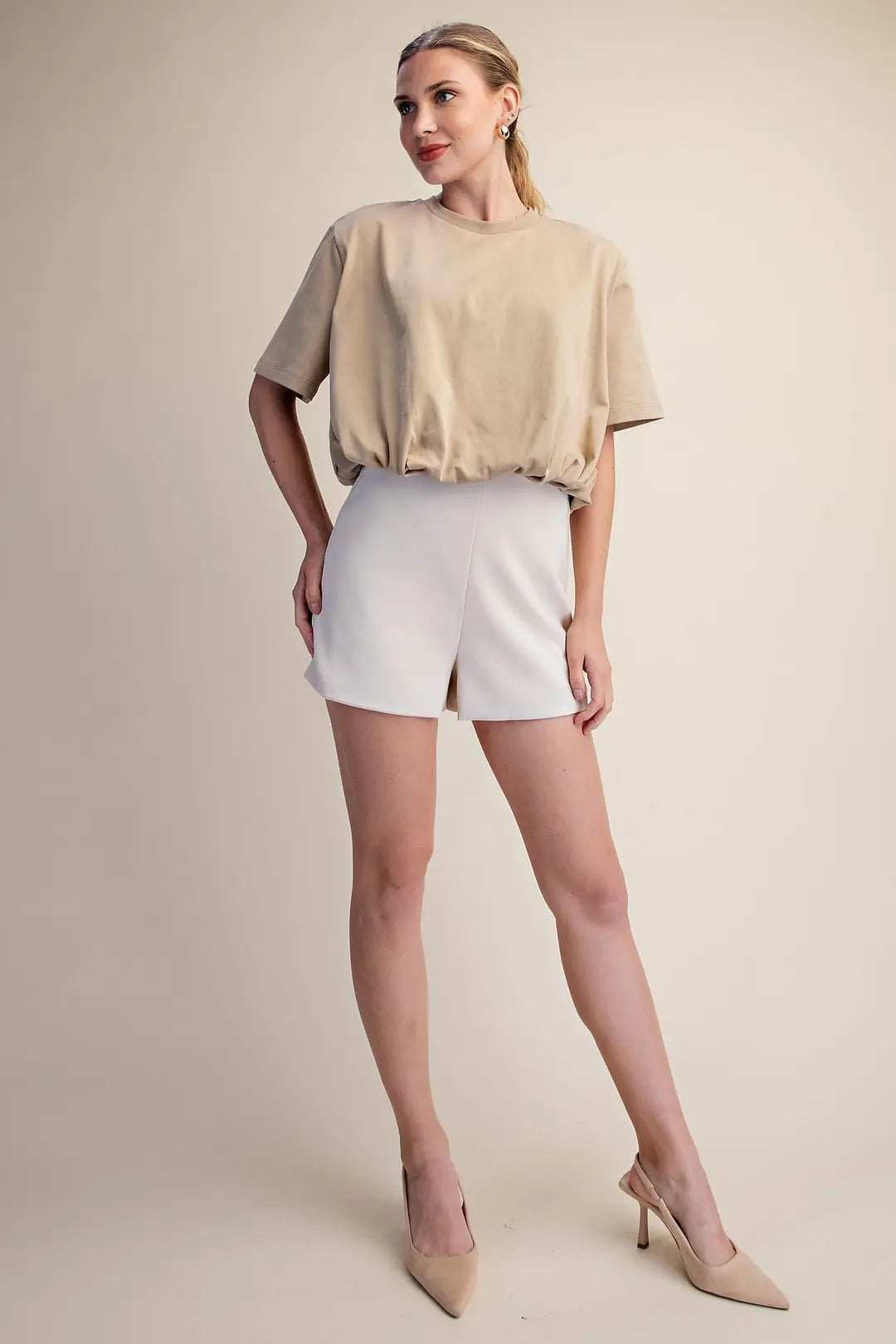 Cropped Bubble Hem T-Shirt- Taupe