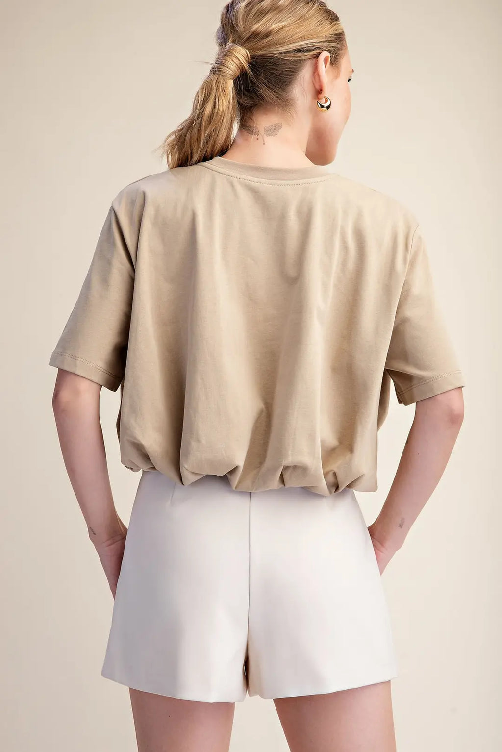 Cropped Bubble Hem T-Shirt- Taupe