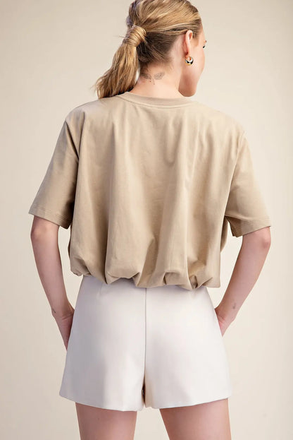 Cropped Bubble Hem T-Shirt- Taupe